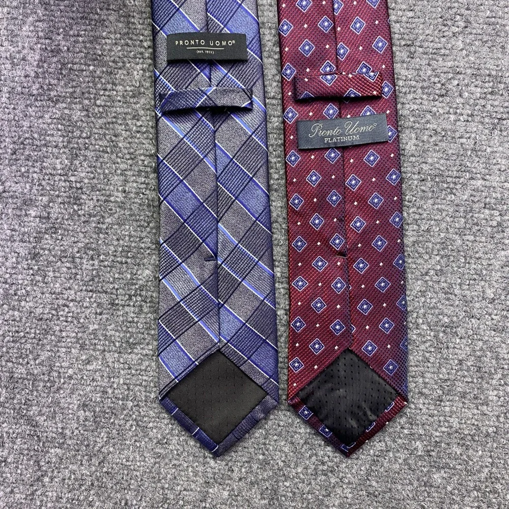 Pronto Uomo Mens Silk Tie Lot of 2 Blue Plaid & Burgundy‎ Geometric Platinum